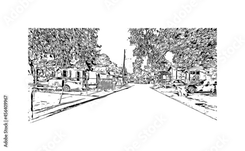 Building view with landmark of Lafayette is a city in southern Louisiana. Hand drawn sketch illustration in vector. 