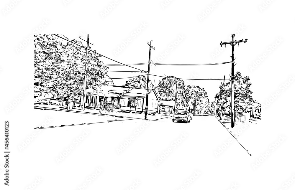 Building view with landmark of Lafayette is a city in southern Louisiana. Hand drawn sketch illustration in vector. 