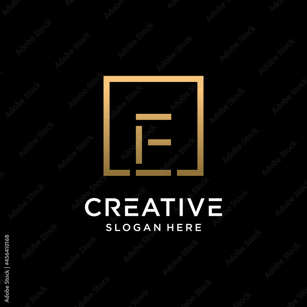 Creative monogram logo design initial letter e with square line art and golden color style Creative monogram logo design initial letter e with square line art and golden color style