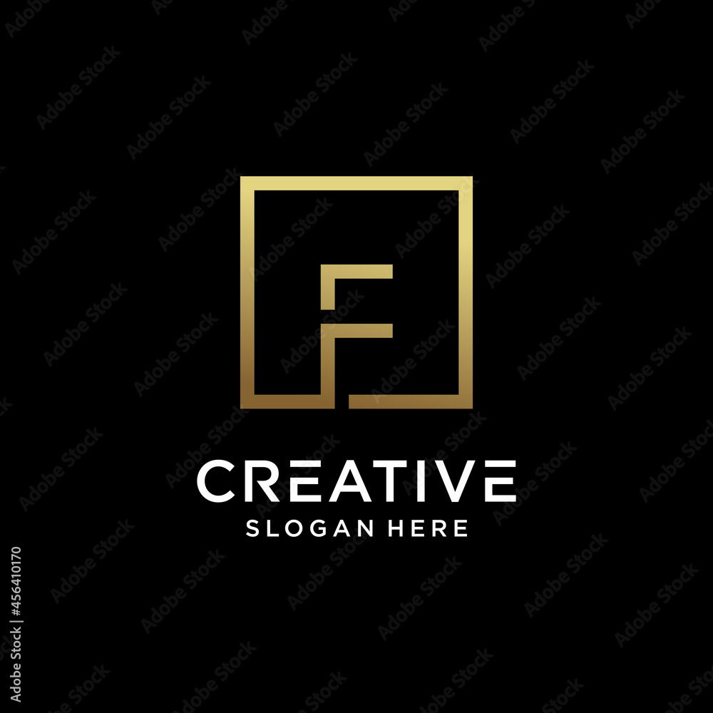 Creative monogram logo design initial letter f with square line art and golden color style