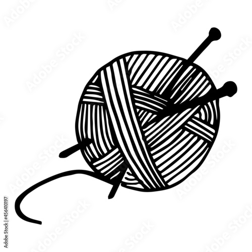 A skein of yarn with knitting needles in doodle style. Needlework, knitting. Black and white vector illustration. Isolated on white background design element