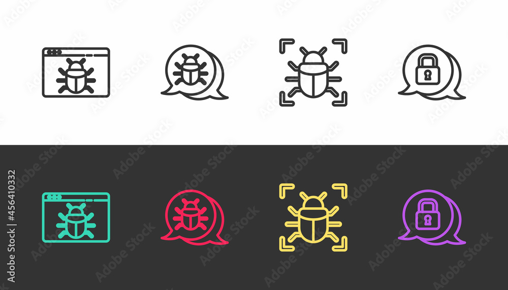 Set line System bug, , and Cyber security on black and white. Vector Set line System bug, , and Cyber security on black and white. Vector