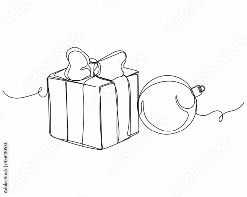 Continuous one line drawing of new year 2022 christmas gift box with ball in silhouette icon on a white background. Linear stylized.