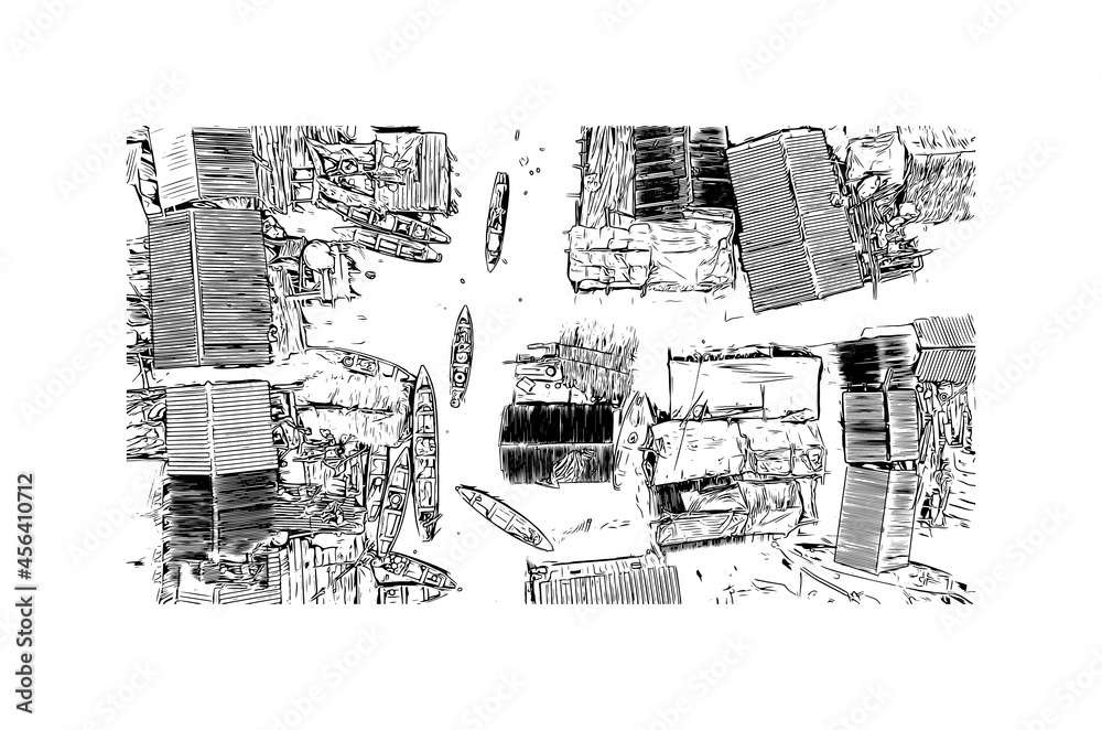 Building view with landmark of Lagos is the 
city in Nigeria. Hand drawn sketch illustration in vector.