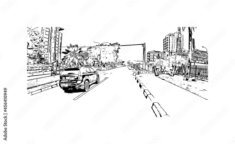 Obraz premium Building view with landmark of Lagos is the city in Nigeria. Hand drawn sketch illustration in vector.