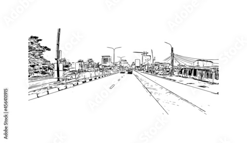 Building view with landmark of Lagos is the 
city in Nigeria. Hand drawn sketch illustration in vector.