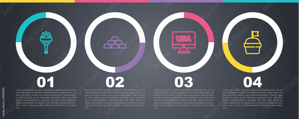 Set line Torch flame, Gold bars, USA on monitor and Cake. Business infographic template. Vector Set line Torch flame, Gold bars, USA on monitor and Cake. Business infographic template. Vector