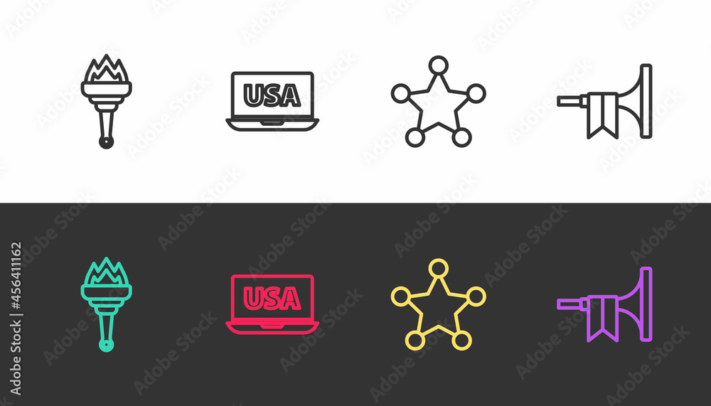 Fototapeta premium Set line Torch flame, USA on laptop, Hexagram sheriff and Trumpet on black and white. Vector
