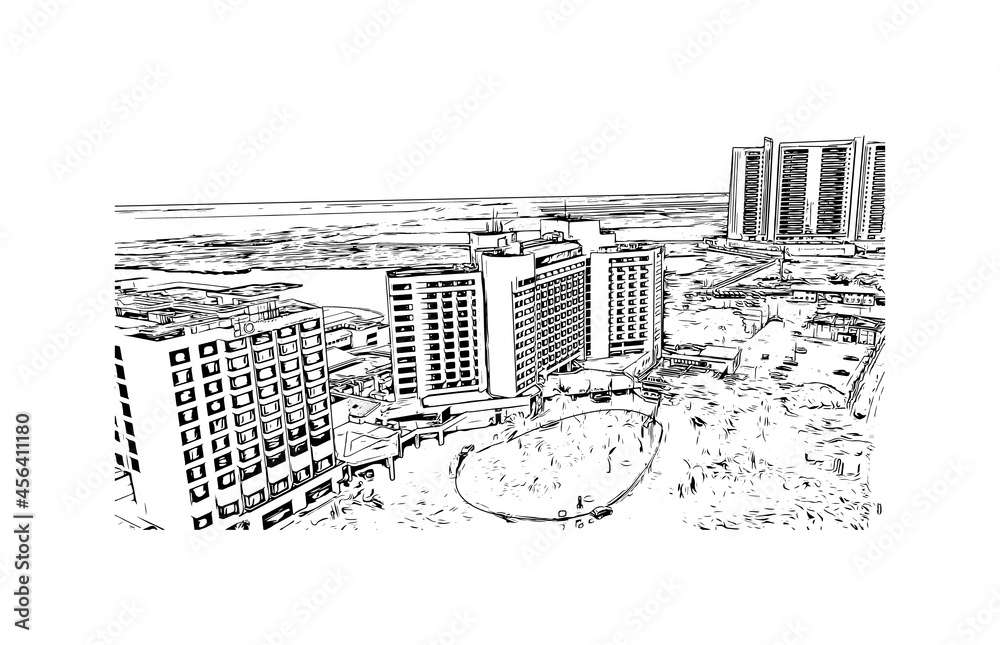 Building view with landmark of Lagos is the 
city in Nigeria. Hand drawn sketch illustration in vector.