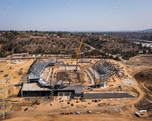 Aerial view of construction crews building new stadium arena in San Diego. photo