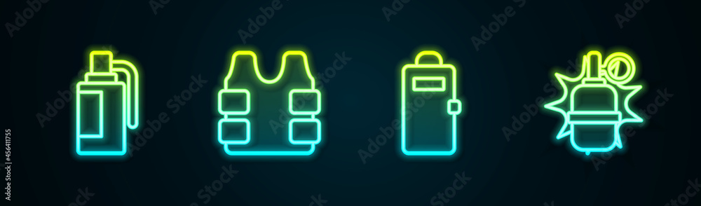 Set line Hand grenade, Bulletproof vest, Police assault shield and . Glowing neon icon. Vector Set line Hand grenade, Bulletproof vest, Police assault shield and . Glowing neon icon. Vector