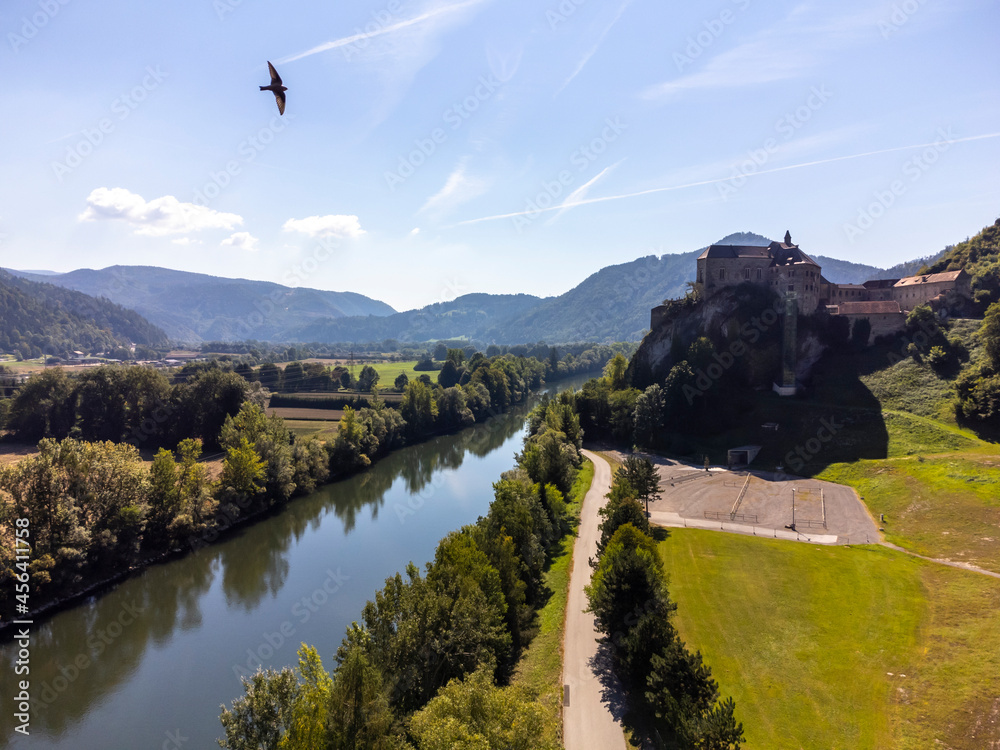 aerial view castle Rabenstein and Mur river in Styria, Austria