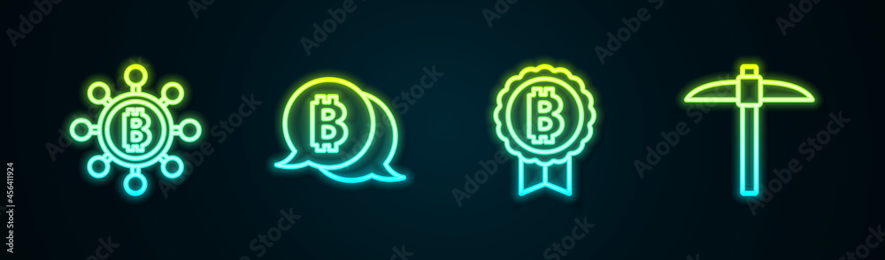 Obraz premium Set line Blockchain technology Bitcoin, , and Pickaxe. Glowing neon icon. Vector