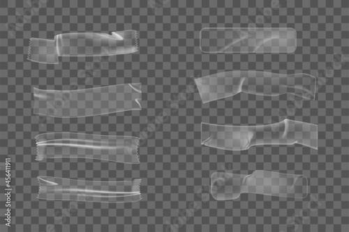 Realistic plastic adhesive wrinkled tape pieces on transparent background. Crumpled glue plastic sticky tape for mock up. 3d realistic tape vector.