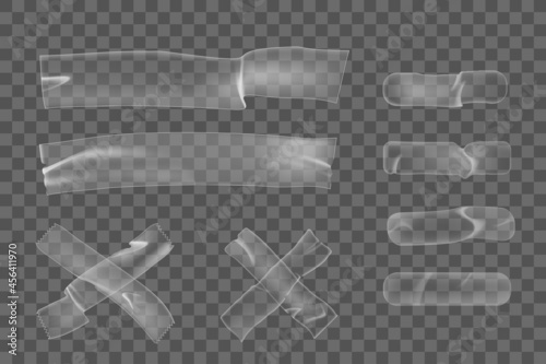 Realistic plastic adhesive wrinkled tape pieces on transparent background. Cross crumpled glue plastic sticky tape for mock up. 3d realistic tape vector.
