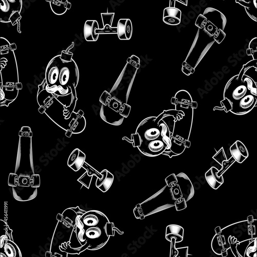 skate pattern with skateboard and bomb character cartoon