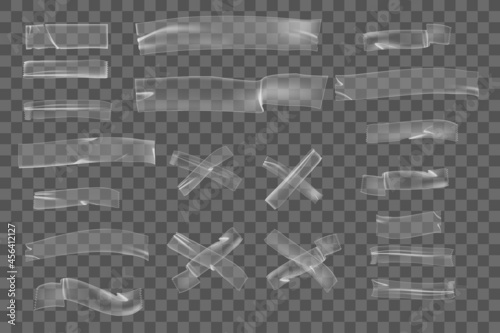 Realistic plastic adhesive wrinkled tape pieces on transparent background. Cross crumpled glue plastic sticky tape for mock up. 3d realistic tape vector.