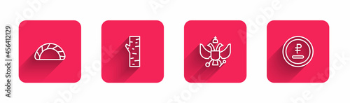 Set line Dumpling, Birch tree, National emblem of Russia and Rouble, ruble currency with long shadow. Red square button. Vector