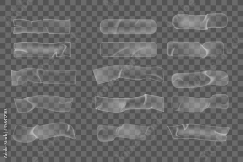 Realistic plastic adhesive wrinkled tape pieces on transparent background. Cross crumpled glue plastic sticky tape for mock up. 3d realistic tape vector.