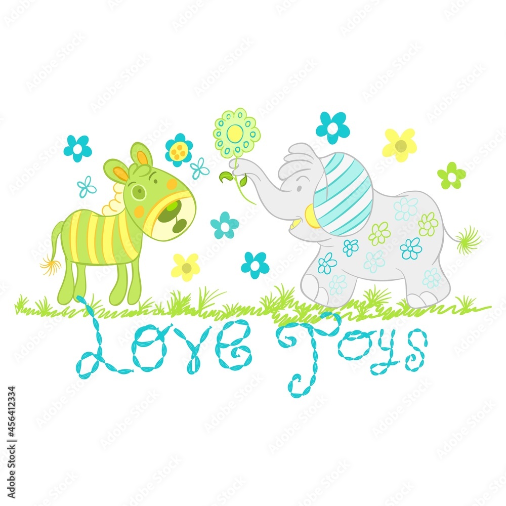 illustration of zebra and small stuffed elephant with flowers and grass