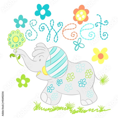 illustration of elephant plush with flowers and grass