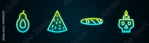 Set line Avocado, Nachos, Cigar and Burning candle on skull. Glowing neon icon. Vector