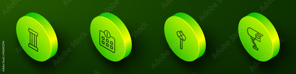 Set Isometric line Ancient column, Information, Stone age hammer and Security camera icon. Vector Set Isometric line Ancient column, Information, Stone age hammer and Security camera icon. Vector