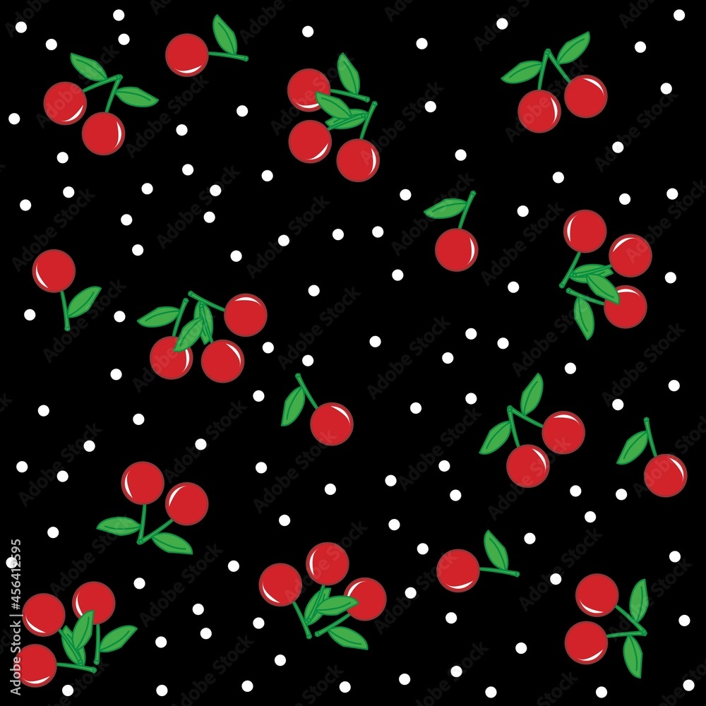 Cherry pattern with dots and black background fashion design Cherry pattern with dots and black background fashion design