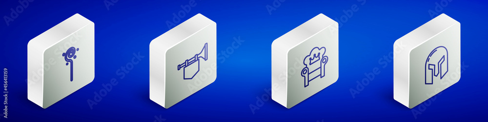 Set Isometric line Magic staff, Trumpet with flag, Medieval throne and iron helmet icon. Vector Set Isometric line Magic staff, Trumpet with flag, Medieval throne and iron helmet icon. Vector