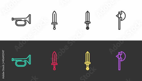 Set line Trumpet, Medieval sword, and axe on black and white. Vector