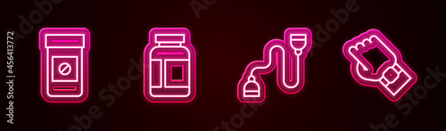 Set line Anabolic drugs, Sports nutrition, Chest expander and Smart watch hand. Glowing neon icon. Vector