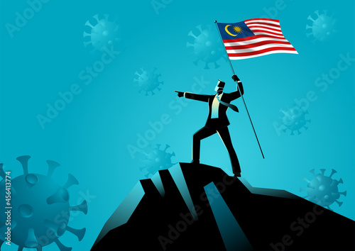 Businessman optimistically standing on a mountain holding the flag of Malaysia