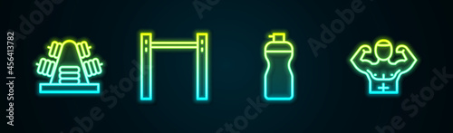 Set line Metal rack with weights, Horizontal bar, Fitness shaker and Bodybuilder muscle. Glowing neon icon. Vector