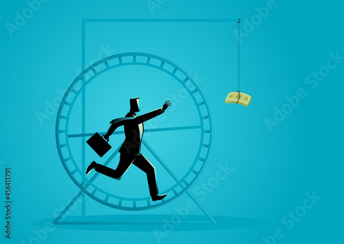 Businessman running in a hamster wheel chasing for money