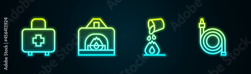 Set line First aid kit, Interior fireplace, Bucket extinguishing and Fire hose reel. Glowing neon icon. Vector