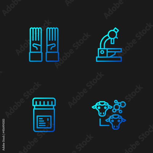 Set line Cloning, Jar with additives, Medical rubber gloves and Microscope. Gradient color icons. Vector