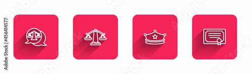 Set line Scales of justice, , Police cap with cockade and Certificate template with long shadow. Red square button. Vector