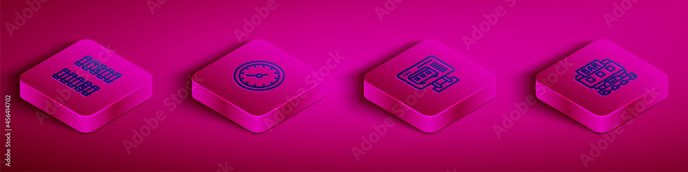Set Isometric line Railway, railroad track, Train station clock, Ticket office to buy tickets and Restaurant train icon. Vector Set Isometric line Railway, railroad track, Train station clock, Ticket office to buy tickets and Restaurant train icon. Vector
