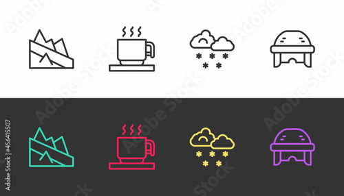 Set line Mountain descent, Hot chocolate cup, Cloud with snow and Hockey helmet on black and white. Vector