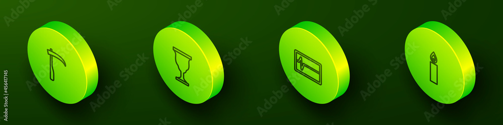 Set Isometric line Scythe, Christian chalice, Beat dead in monitor and Burning candle icon. Vector Set Isometric line Scythe, Christian chalice, Beat dead in monitor and Burning candle icon. Vector