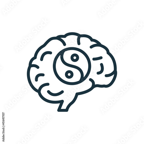 Mental Health Line Icon. Brain and Yin Yan Sign. Positive Mind Wellbeing Concept Linear Pictogram. Human Mental Health Development and Care Outline Icon. Editable Stroke. Isolated Vector Illustration