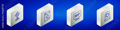 Set Isometric line Grave with cross, Calendar death, Speech bubble rip and Muslim cemetery icon. Vector
