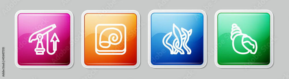 Obraz premium Set line Fishing harpoon, Octopus plate, Seaweed and Scallop sea shell. Colorful square button. Vector