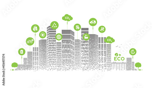 Eco technology or environmental concept modern green city. Eco-friendly urban lifestyle with icons over the network connection. vector design