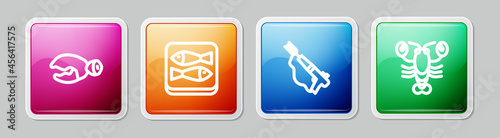 Set line Lobster or crab claw, Canned fish, Fishing harpoon and . Colorful square button. Vector