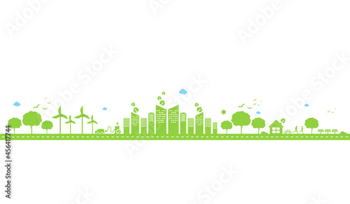 Eco technology or environmental concept modern green city and plant leaf growing inside.  Eco-friendly urban lifestyle with icons over the network connection. vector design