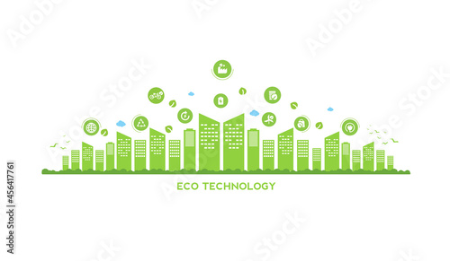 Eco technology or environmental concept modern green city and plant leaf growing inside.  Eco-friendly urban lifestyle with icons over the network connection. vector design