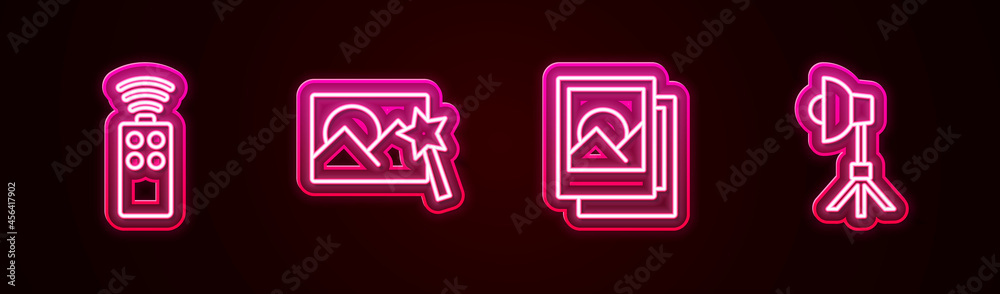 Set line Remote control for camera, Photo retouching, frame and Softbox light. Glowing neon icon. Vector Set line Remote control for camera, Photo retouching, frame and Softbox light. Glowing neon icon. Vector