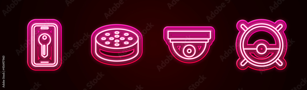Set line Smart key, Water sensor, Motion and Robot vacuum cleaner. Glowing neon icon. Vector Set line Smart key, Water sensor, Motion and Robot vacuum cleaner. Glowing neon icon. Vector
