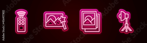 Set line Remote control for camera, Photo retouching, frame and Softbox light. Glowing neon icon. Vector © Kostiantyn